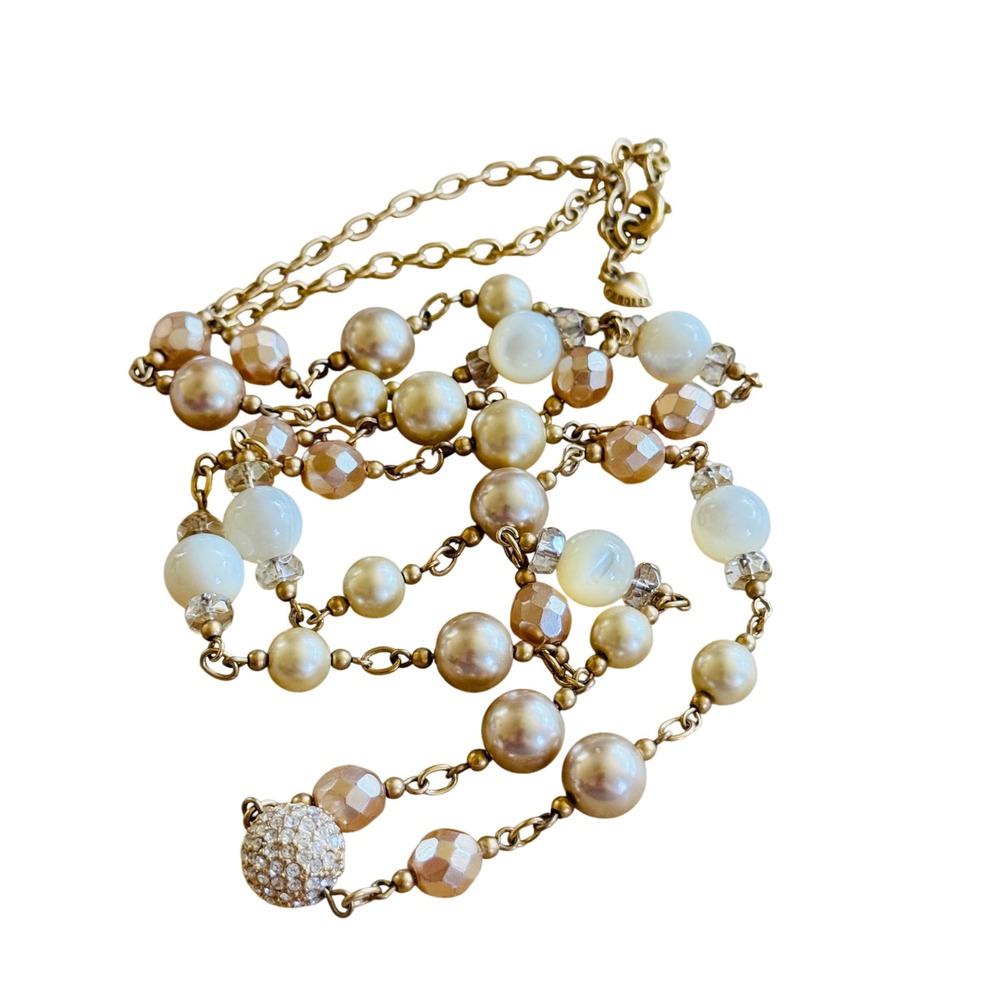 Carolee Signed Gold Necklace Pearl Rhinestone Glass Beaded Chain Regal Long 36"